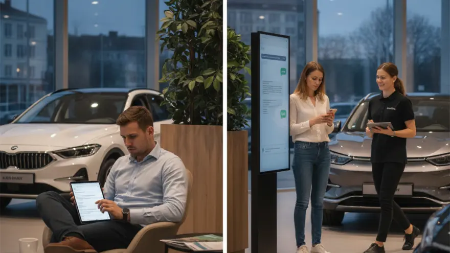 Zwei näbeinandergstellti Bilder zeiget links en Ma im Sessel mit eme Tablet und rächts zwei Fraue im Verchaufsruum vor Autos.