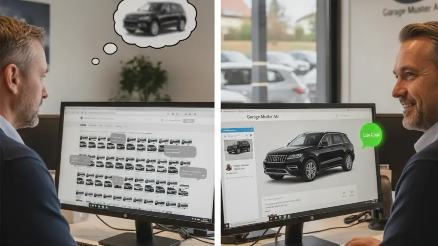 En Ma sitz vor em Computer und luegt Autos uf ere Websyte a, während rächts en Verkäufer im Live-Chat mit ihm schriibt.