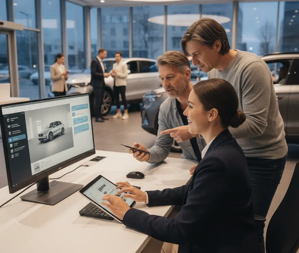E Verkäuferin zeigt zwei Männer in eme Autohuus Informatione uf eme Tablet und eme Bildschirm.
