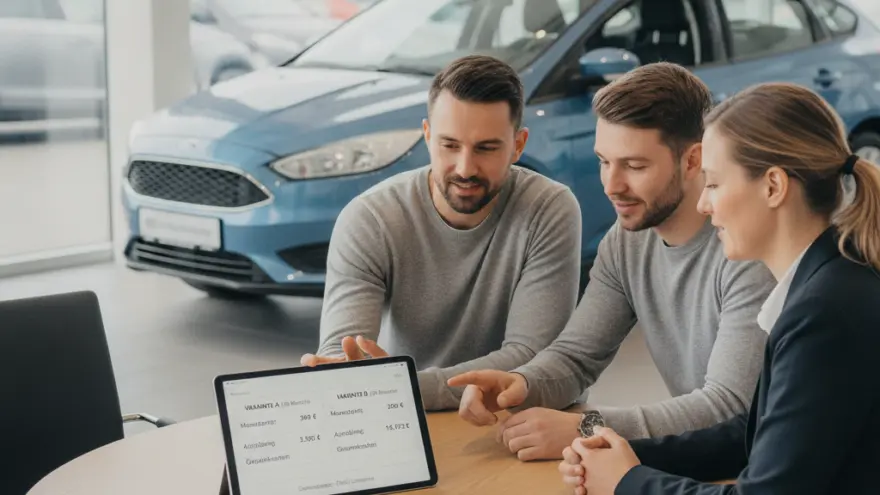 Zwei Männer und eine Verkäuferin sitzen an einem runden Holztisch in einem Autohaus und schauen auf ein Tablet.
