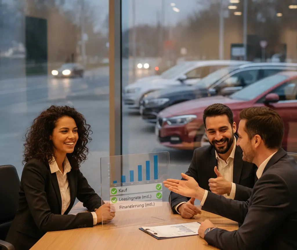Zwei Männer und eine Frau im Business-Outfit sitzed am Tisch vor ere Glasschiibe mit Grafike und bespreched d Finanzierigsmöglichkeite.