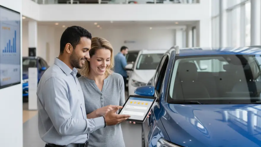 Un uomo e una donna sorridenti guardano un tablet accanto a un'auto blu all'interno di un salone automobilistico.