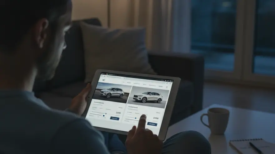 Een man zit op een bank in een woonkamer en bekijkt afbeeldingen van witte auto's op een tablet.