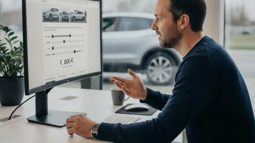 Een man in een donkerblauwe trui zit aan een bureau en kijkt naar een computerscherm waarop auto-opties en prijzen worden getoond.