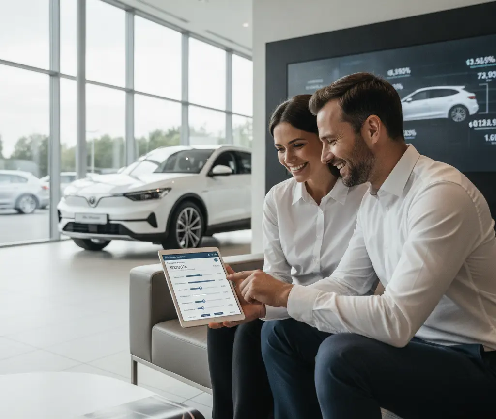 Een lachende man en vrouw in witte overhemden zitten op een bank in een showroom en kijken naar een tablet.