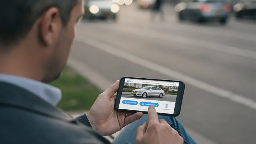 Een man zit op een bankje langs een weg en bekijkt een website met een zilveren auto op zijn smartphone.