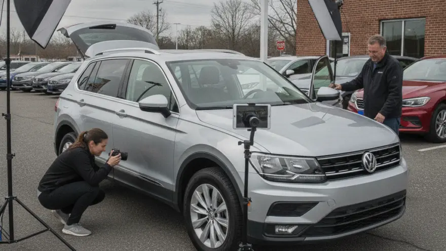 Een fotograaf en een assistent fotograferen een zilveren auto op een parkeerterrein met behulp van studioverlichting en een camera op statief.
