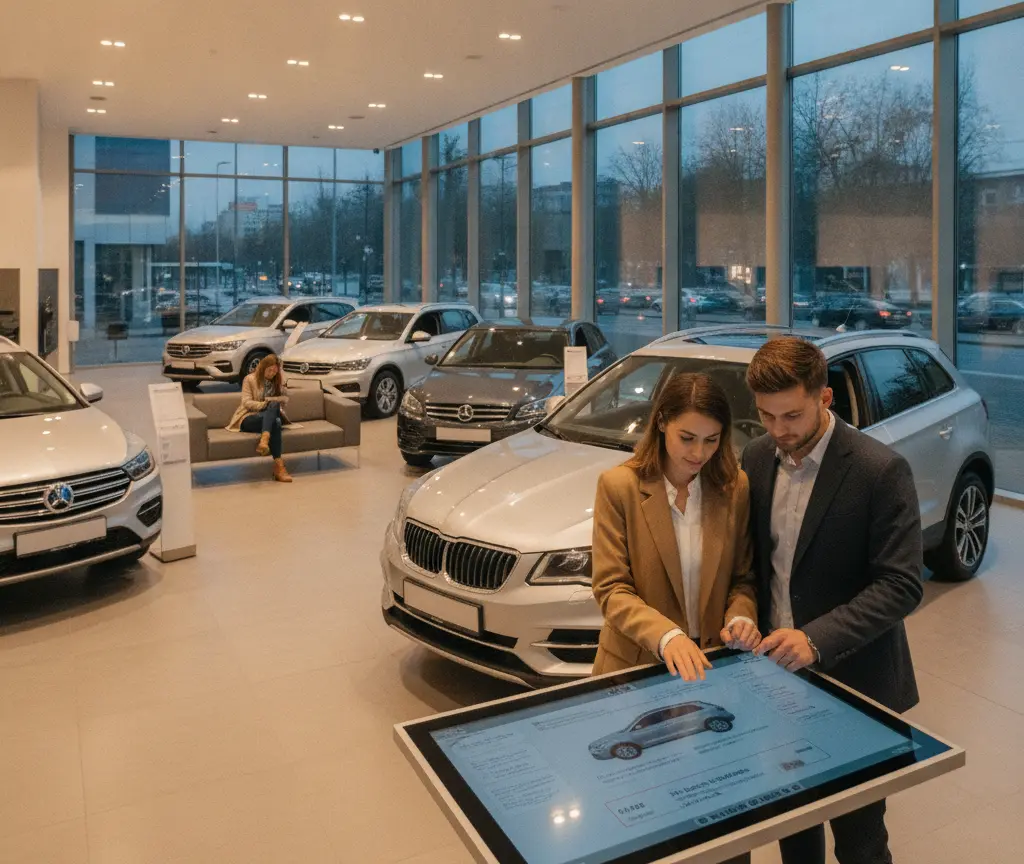 Een man en een vrouw bekijken informatie op een groot touchscreen in een showroom met diverse auto's.
