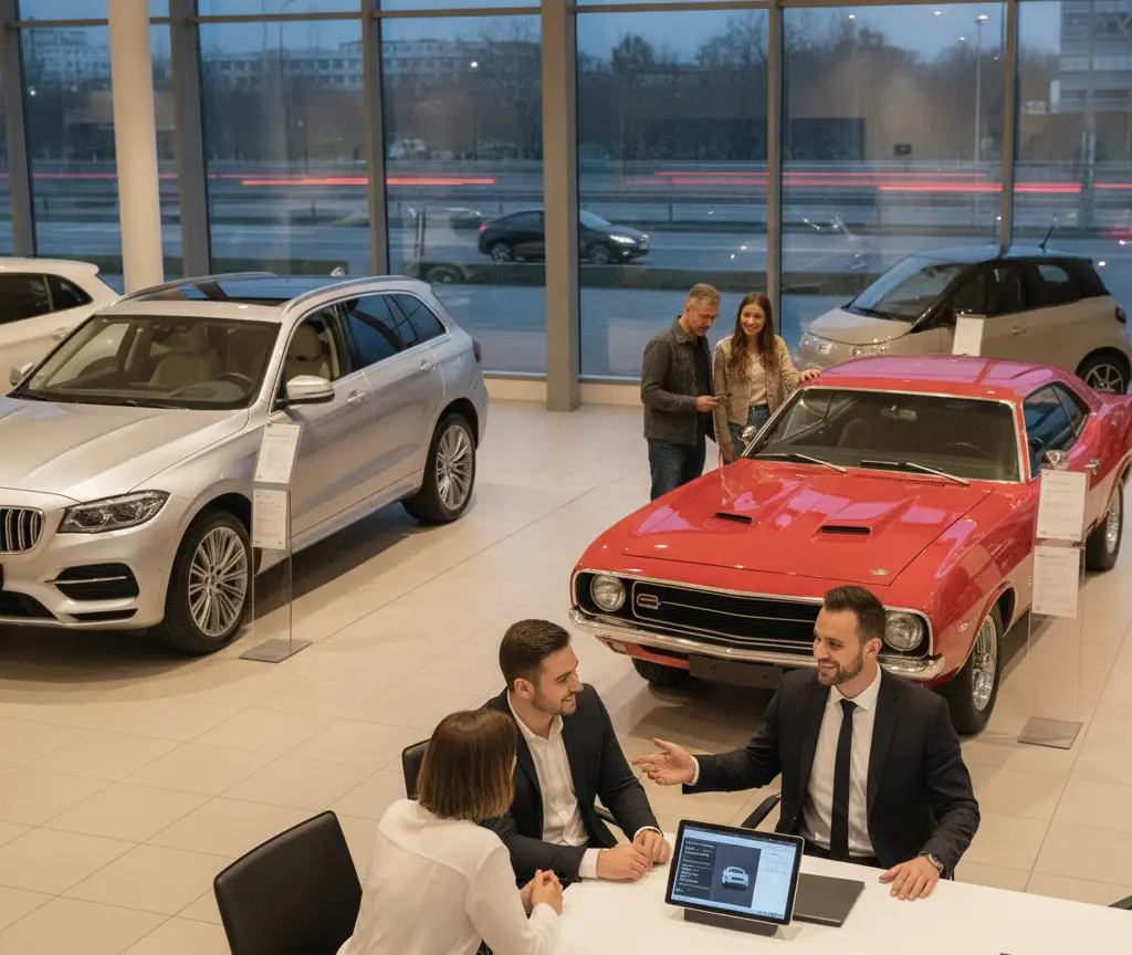 Es Paar sitzt am Tisch und redet mit eme Verkäufer in eme Autohuus, während im Hintergrund anderi Autos und es Paar stöhnd.