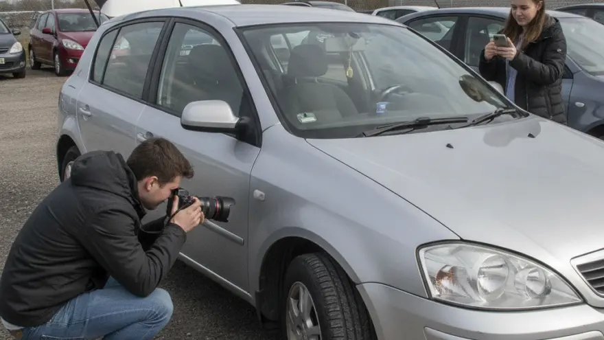 En Ma fotografiert es silbrigs Auto mit ere Kamera, während e Frau im Hintergrund es Foti mit em Smartphone macht.