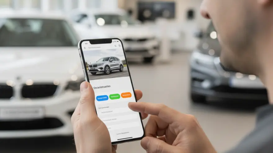 En Mann bedient es Smartphone mit ere Autoverchaufs-App inere Autohalle mit verschwommene Autos im Hintergrund.