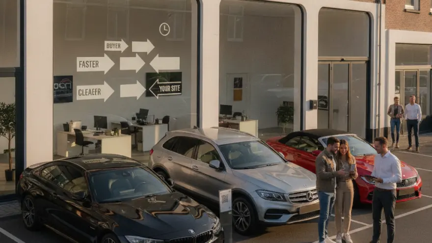 Een verkoper toont een smartphone aan een koppel bij drie geparkeerde auto's voor een kantoorpand.