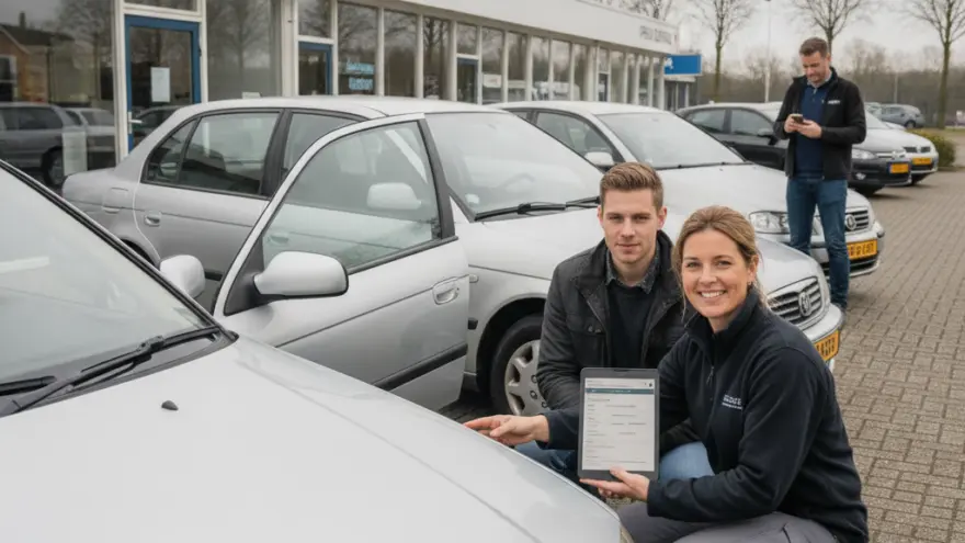 Een glimlachende vrouw en een man tonen een tablet bij een zilveren auto op het parkeerterrein van een autobedrijf.