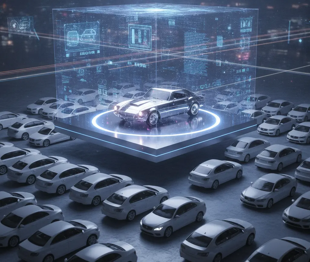 Een klassieke auto op een verlicht, zwevend platform omringd door rijen witte moderne auto's en een holografische kubus met blauwe data.