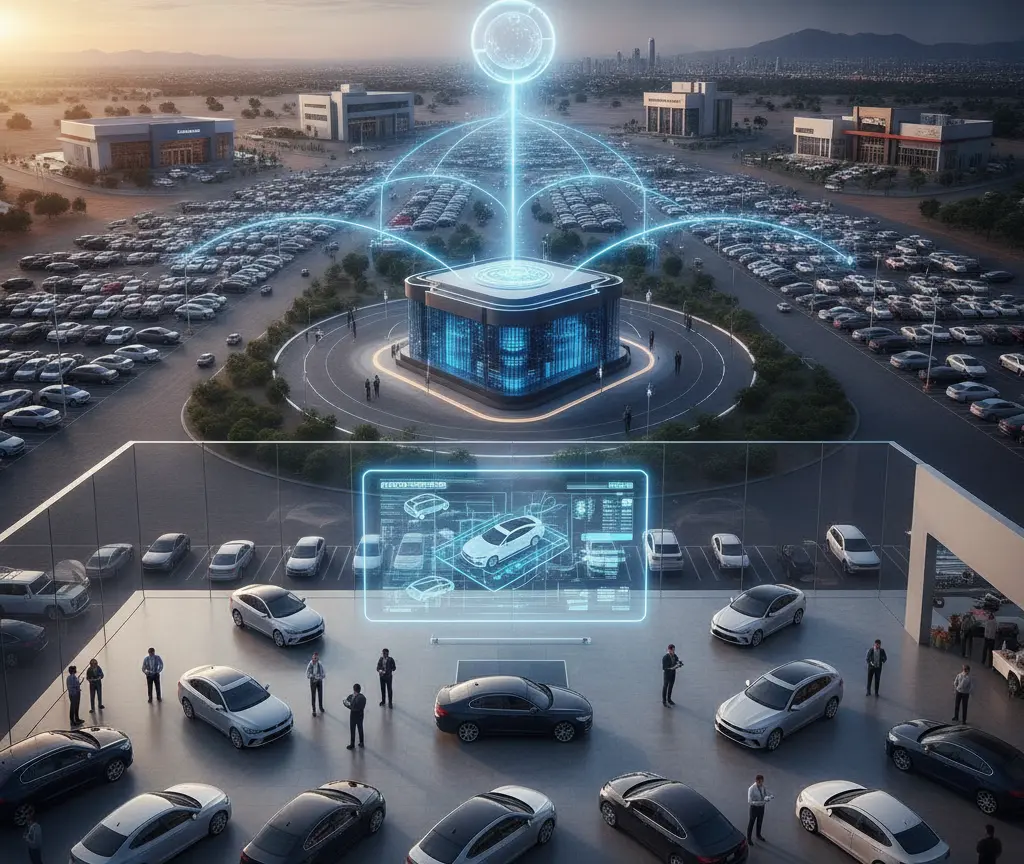An elevated view of a futuristic car dealership showroom with a digital display of a car, looking out onto a large outdoor lot filled with vehicles and a central glowing blue structure.
