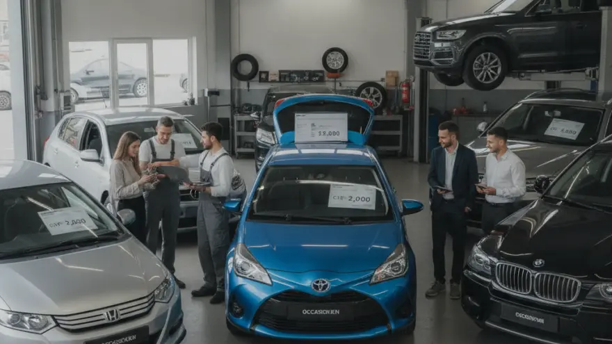 Mehreri Persone inere Autowerchstatt, wo verschideni Auto stönd und d Lüt mitenand reded.