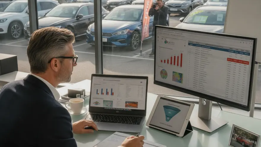Ein Mann im Anzug arbeitet an einem Schreibtisch mit Laptop und Monitor vor einer großen Fensterfront mit Blick auf einen Parkplatz voller Autos.