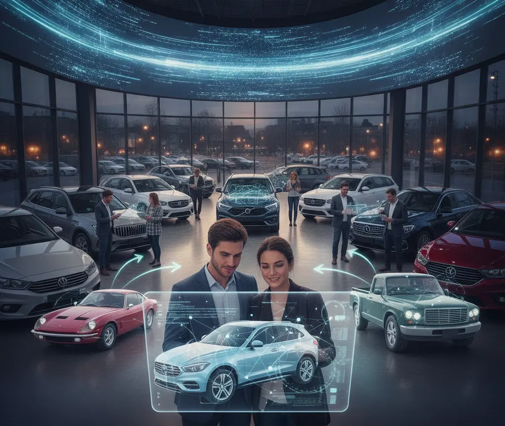 Ein Mann und eine Frau betrachten ein virtuelles, blau leuchtendes Automodell in einem modernen Autohaus mit verschiedenen Fahrzeugen im Hintergrund.