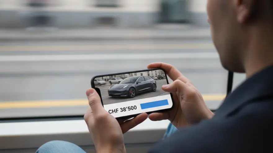 En Maa luegt im Zug uf sim Smartphone s Bild vo eme graue Auto mit eme Priis a.