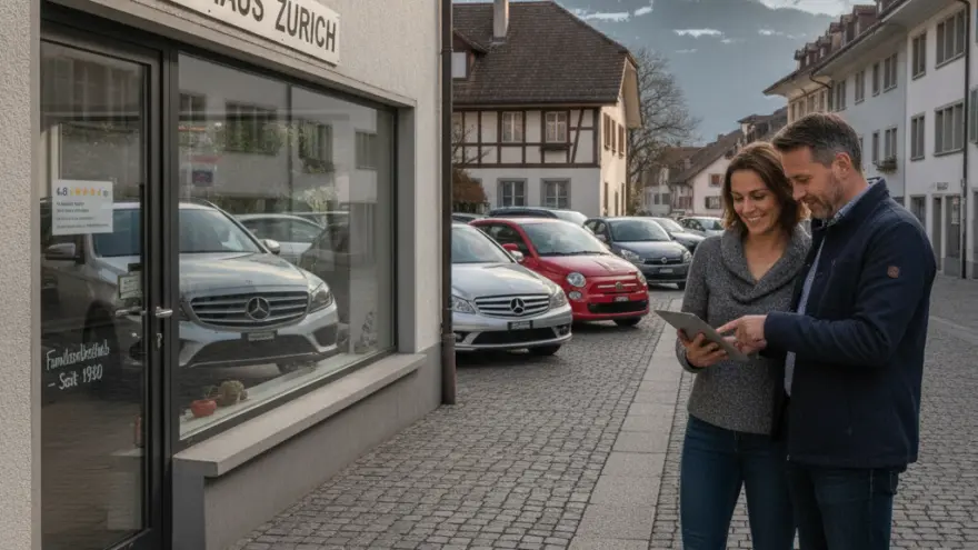Es Paar staht uf ere Pflaschterstrass vor eme Autohus und luegt gmeinsam uf es Tablet.