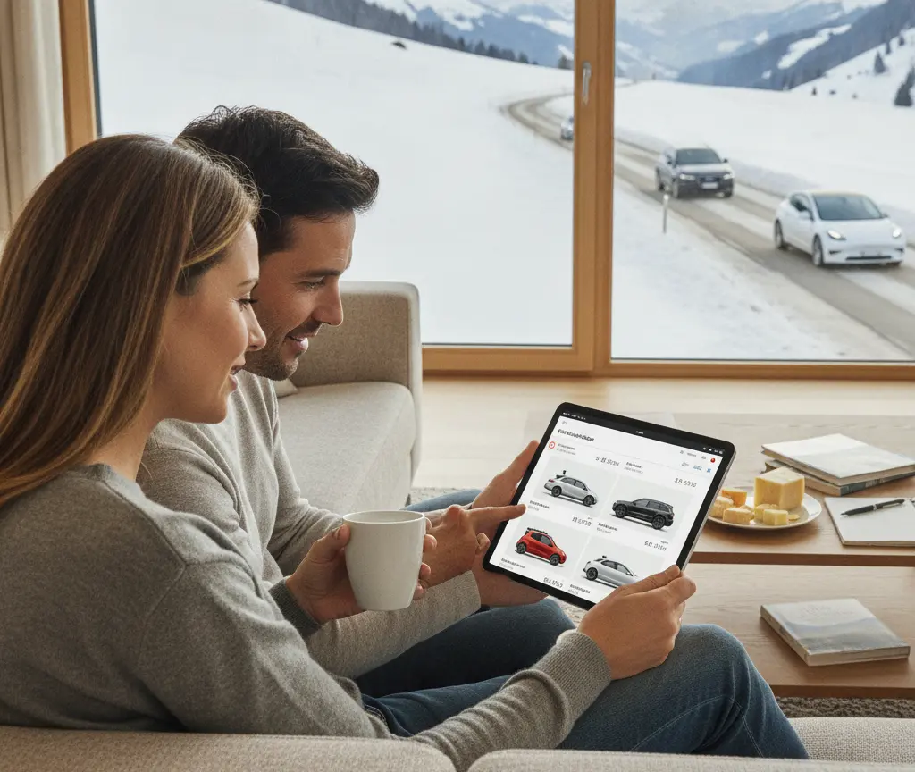 Es Paar sitzt uf em Sofa und luegt gmeinsam uf es Tablet, wo verschideni Autos zeigt, während im Hindergrund dur d Fänscherschiibe e verschneiti Landschaft mit Autos z gseh isch.