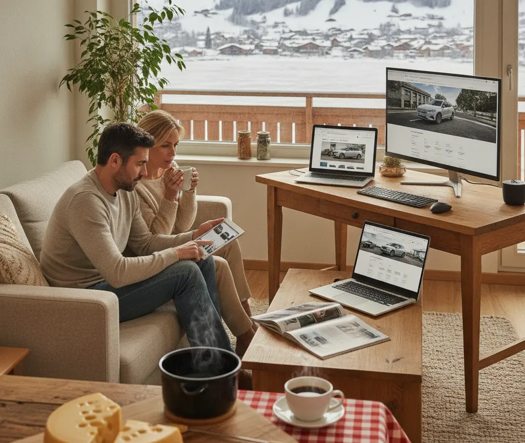 Es Paar sitzt uf em Sofa und luegt uf eme Tablet Bilder vo Autos aa, während im Hintergrund en Schriibtisch mit Bildschirm und dussed e verschneiti Landschaft z gseh isch.