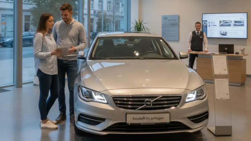 Es Paar staht mit eme Tablet näbed eme silberige Auto imne Showroom, während im Hintergrund en Verkäufer amne Pult staht.