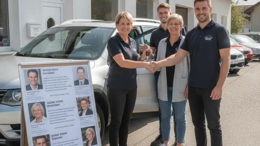 Vier lachendi Lüt stönd vor eme silbrige Auto und gänd sich d Hand zur Schlüsselübergab.