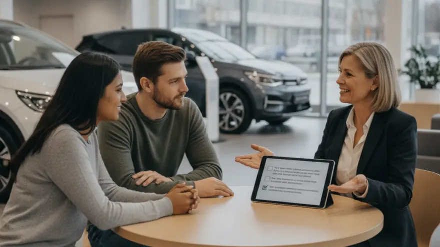 A smiling saleswoman shows a digital tablet to a seated young couple at a round table inside a car dealership showroom.