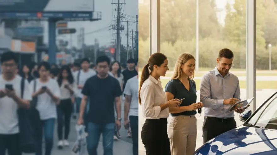 A split image showing a crowded city street on the left and a car salesman showing a digital tablet to two women next to a blue car in a showroom on the right.