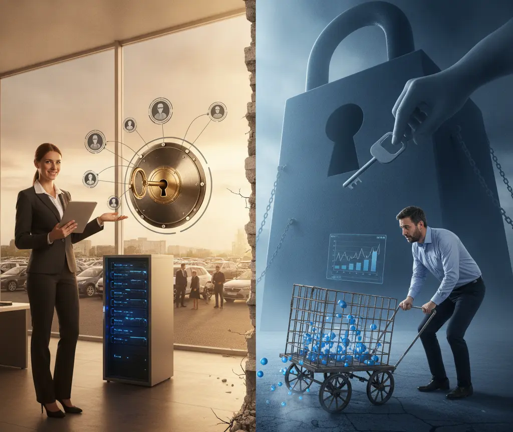 A split-screen image showing a woman in a suit next to a server rack and a keyhole graphic on the left, and a man pushing a cart of blue spheres next to a large padlock on the right.