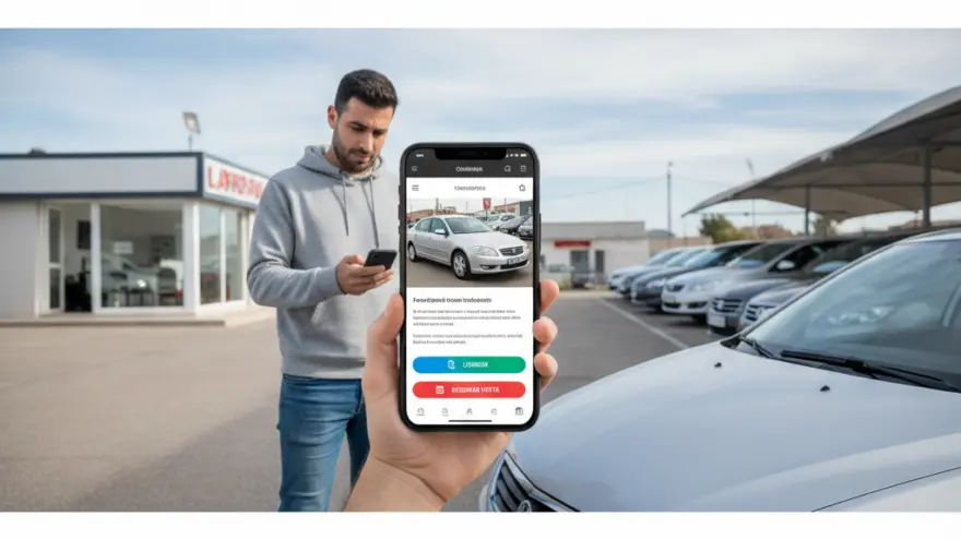 Una mano sostiene un teléfono móvil que muestra la imagen de un coche plateado en un concesionario, con un hombre al fondo mirando su propio teléfono.