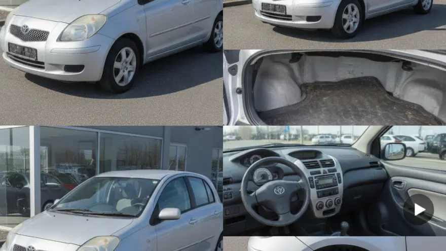 Composición de seis imágenes que muestran el exterior, el interior, el maletero y una rueda de un coche compacto de color plateado.