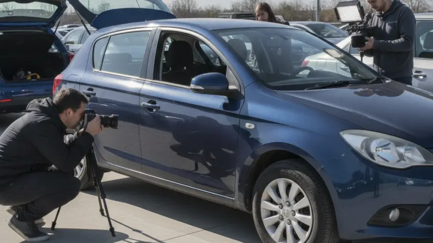 Un fotografo accovacciato scatta foto a un'auto blu con un treppiede mentre un operatore video riprende la scena.