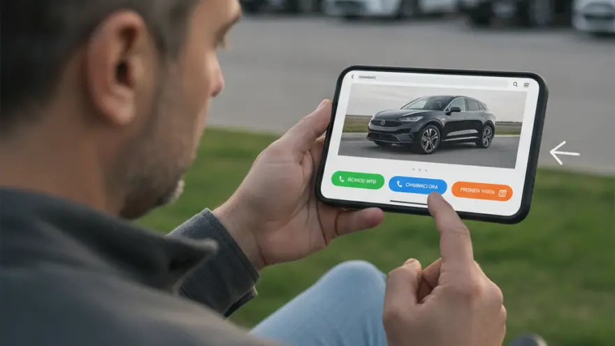 Un uomo seduto all'aperto guarda lo schermo di un tablet che mostra l'immagine di un'auto nera, con un piazzale pieno di automobili sfocate sullo sfondo.