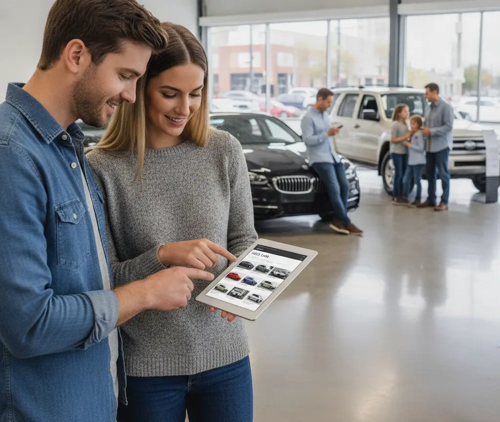 Una giovane coppia sorridente guarda un tablet all'interno di un salone automobilistico con altre persone e auto sullo sfondo.