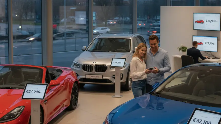 Una coppia guarda uno smartphone all'interno di un salone automobilistico con auto in esposizione e grandi vetrate sullo sfondo.