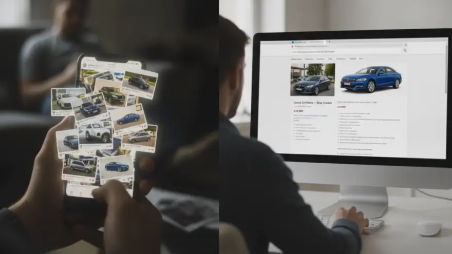 Un uomo tiene in mano uno smartphone che mostra annunci di auto usate, mentre un altro uomo naviga su un sito web di auto su un computer desktop.