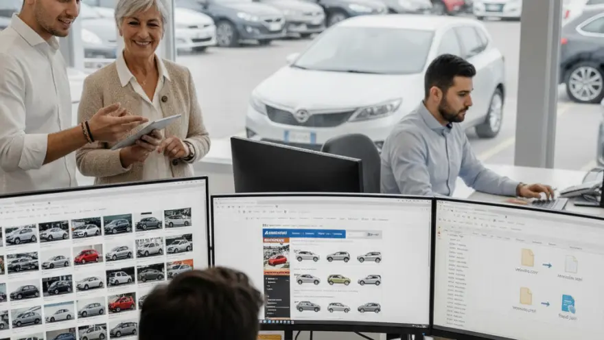Un giovane uomo e una donna anziana guardano un tablet all'interno di un concessionario d'auto, mentre due impiegati lavorano alle loro scrivanie con computer.