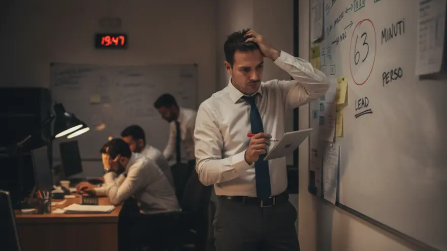 Un uomo in camicia e cravatta guarda un tablet con aria preoccupata davanti a una lavagna in un ufficio di sera, mentre altri colleghi lavorano alle scrivanie sullo sfondo.