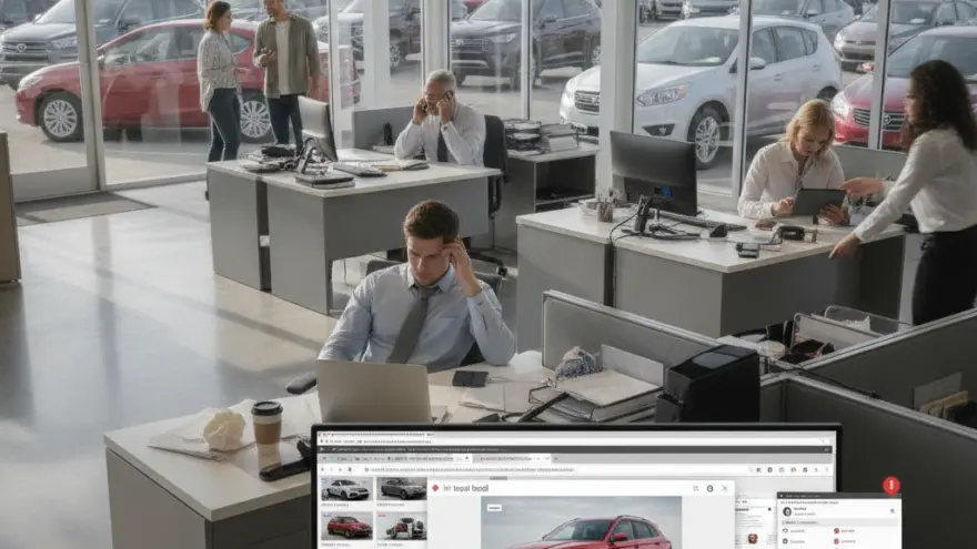Impiegati lavorano alle loro scrivanie all'interno di un salone automobilistico con ampie vetrate che mostrano auto parcheggiate all'esterno.