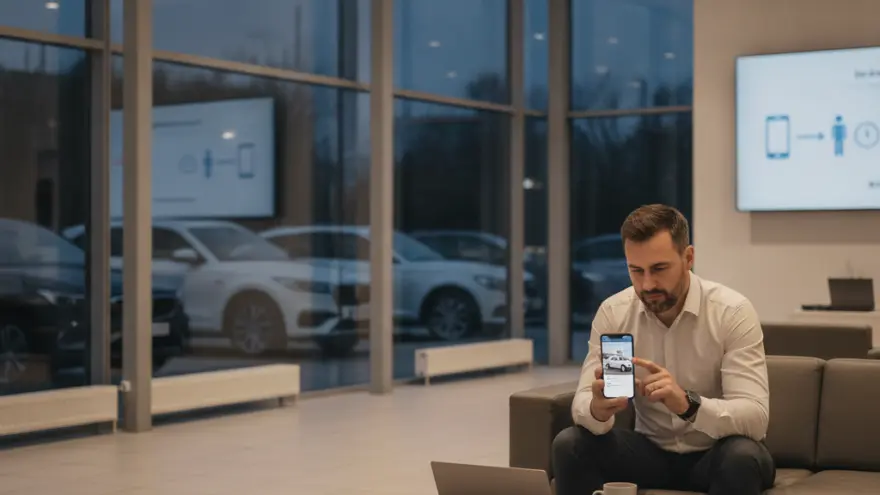 Un uomo seduto su un divano all'interno di un salone di auto mostra lo schermo del suo smartphone con l'immagine di una vettura.