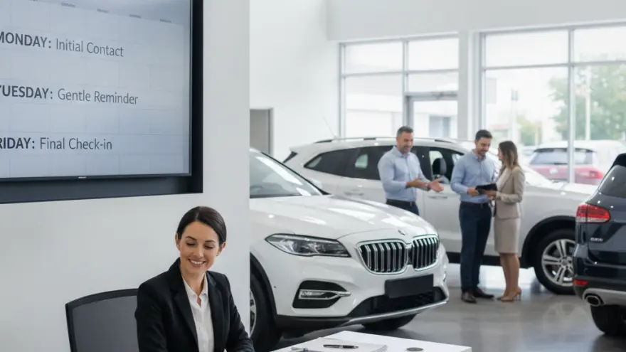 Una receptionist sorridente lavora al tablet dietro una scrivania bianca in un salone automobilistico, con auto in esposizione e persone sullo sfondo.