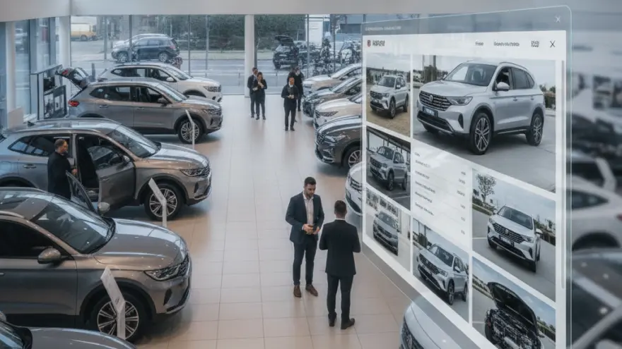 Interno di un moderno salone automobilistico con diverse auto esposte, persone che camminano e due uomini in abito che parlano davanti a uno schermo digitale trasparente.