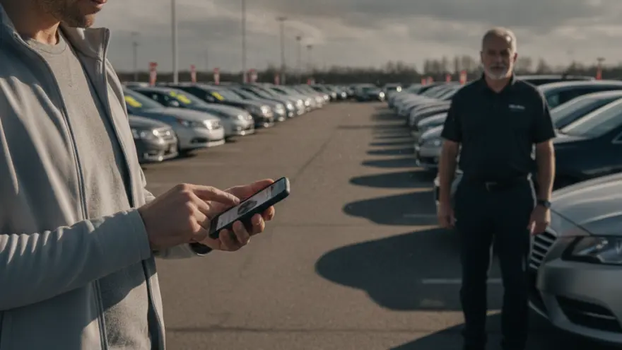 Un uomo in primo piano guarda il suo smartphone in un parcheggio di auto usate con un venditore sullo sfondo.