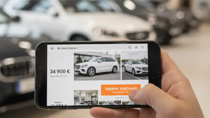 Une main tient un smartphone affichant un site de vente de voitures d'occasion devant des véhicules flous dans une concession.