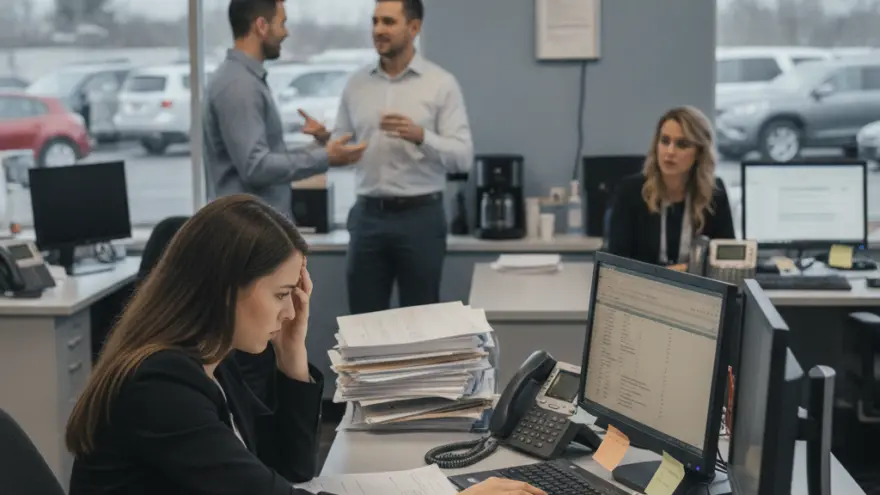 Una mujer con expresión preocupada trabaja frente a una computadora en una oficina con varios escritorios, mientras otras personas conversan al fondo.