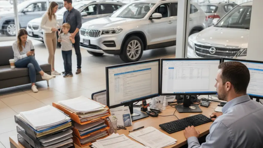 Un empleado trabaja en su escritorio con computadoras en un concesionario de autos mientras una familia y otra persona esperan al fondo.