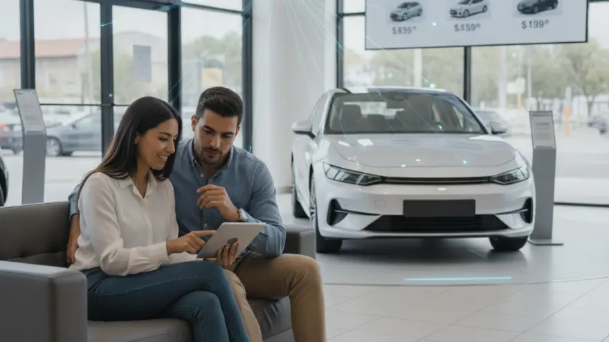 Una pareja sentada en un sofá gris mira una tableta digital dentro de un concesionario de autos con un vehículo blanco de fondo.
