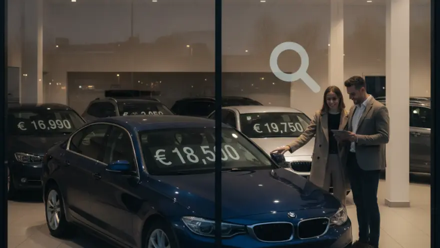 Una pareja observa un coche azul expuesto en un concesionario iluminado de noche.